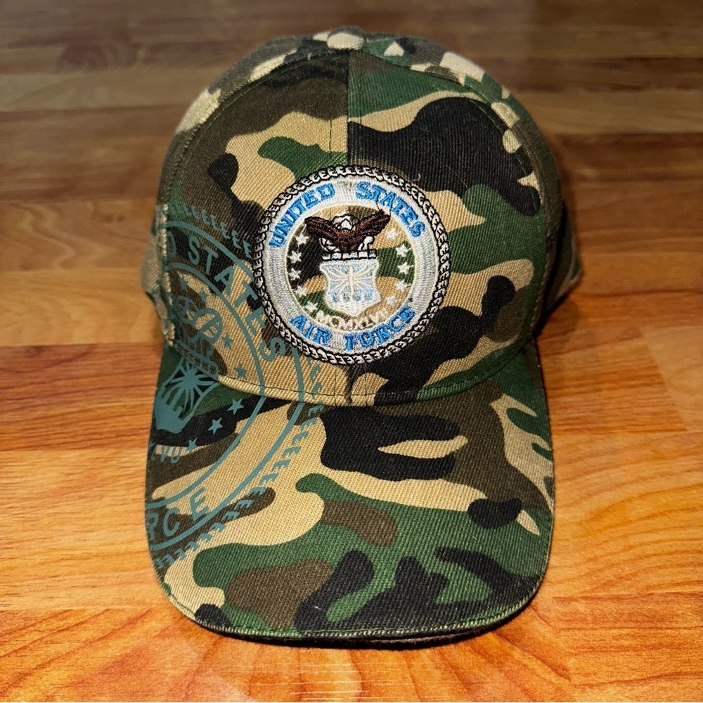 UNITED STATES AIR FORCE Embroidered Seal Adjustable Camo Hat OSFA Wool Blend Cap